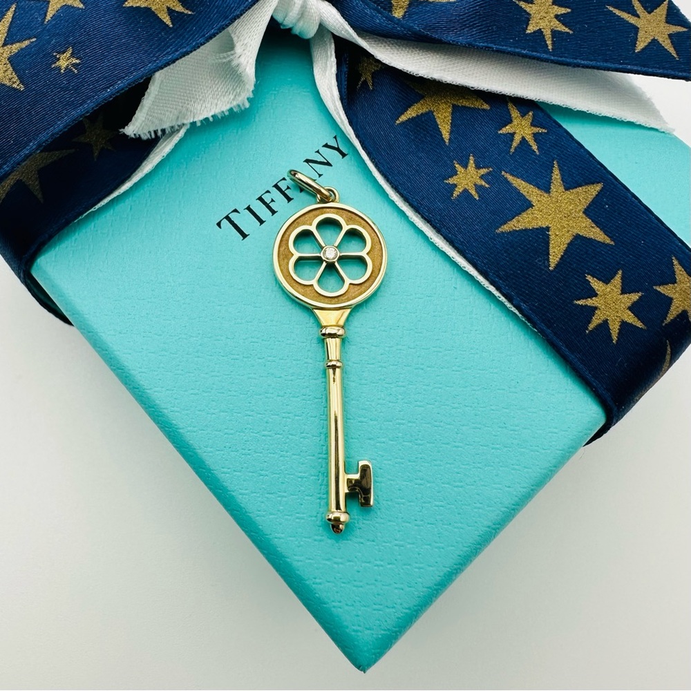RARE Tiffany & Co. 18K Rose Gold Diamond Flower Blossom Key Charm with Packaging
